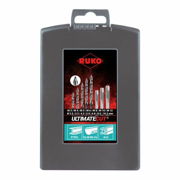 RUKO Gewindebohrer- und Kernlochbohrer-Set Ultimatecut M3 bis M12 in Kunststoffkassette, geeignet für Stahl, Buntmetalle und Aluminium.