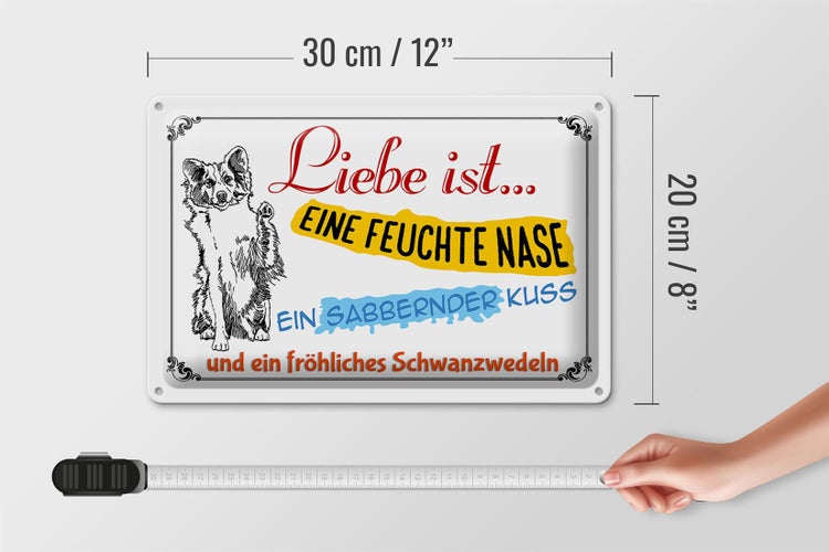 Blechschild Spruch 30x20cm Liebe ist eine feuchte Nase Kuss