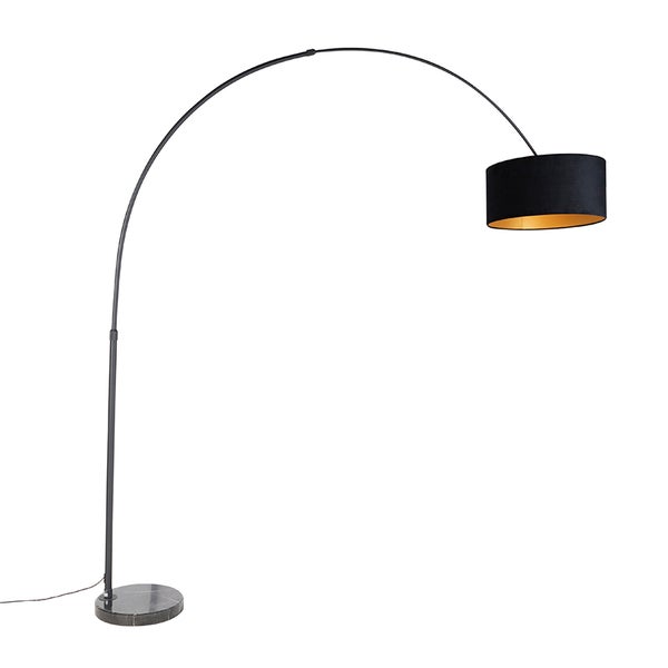 QAZQA - Modern Bogenlampe schwarz Veloursschirm schwarz mit Gold I Messing 50 cm - XXL I Wohnzimmer I Schlafzimmer - Stahl Länglich I Zylinder I Rund - LED geeignet E27