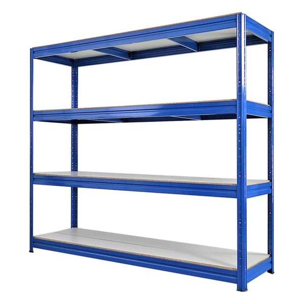 Blaues Metallregal mit vier Ablagen