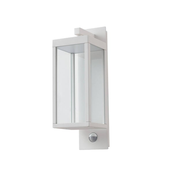 Weiße rechteckige Wandaußenleuchte aus Metall und Glas mit integriertem Bewegungsmelder.