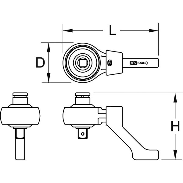 Technische Zeichnung eines KS Tools Drehmomentvervielfältigers mit Bemaßung