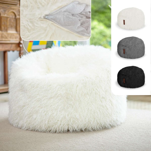 Green Bean Sitzsack Fellotpik mit Füllmaterial (EPS Perlen) - Indoor Maße ca 100 x 55 cm - Bean Bag Sitzkissen Sitzpuff Sitzsessel Bodenkissen Lounge Creme