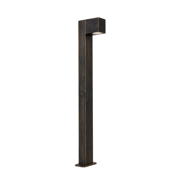 Moderne rechteckige Wegeleuchte aus Metall in Gold-Schwarz-Antik-Optik für den Außenbereich.
