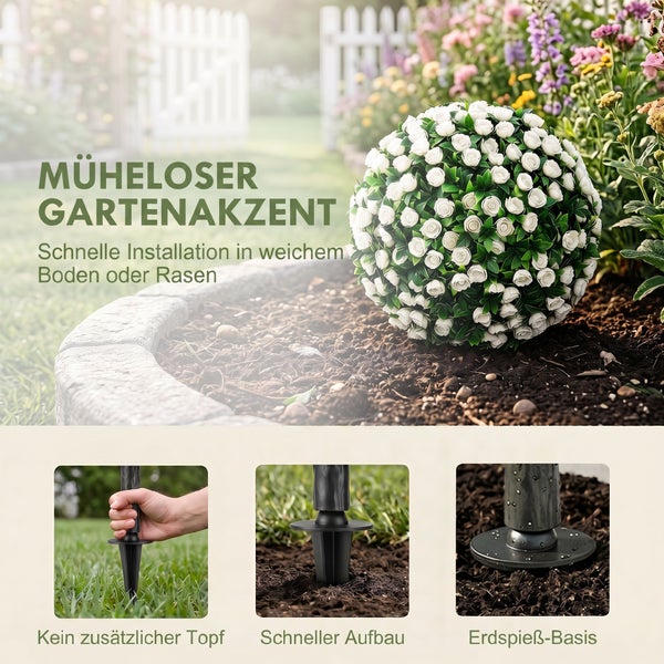 Künstliche Blumenkugel mit weißen Rosen für den Garten, inklusive Erdspieß zur einfachen Montage in Erde oder Rasen.