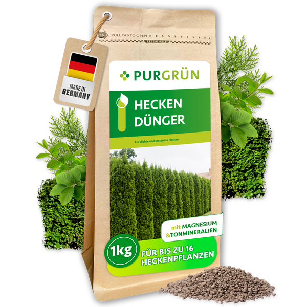 Purgrün Heckendünger, wiederverschließbare 1 Kilogramm Packung mit Magnesium und Tonmineralien für bis zu 16 Heckenpflanzen, Hergestellt in Deutschland.