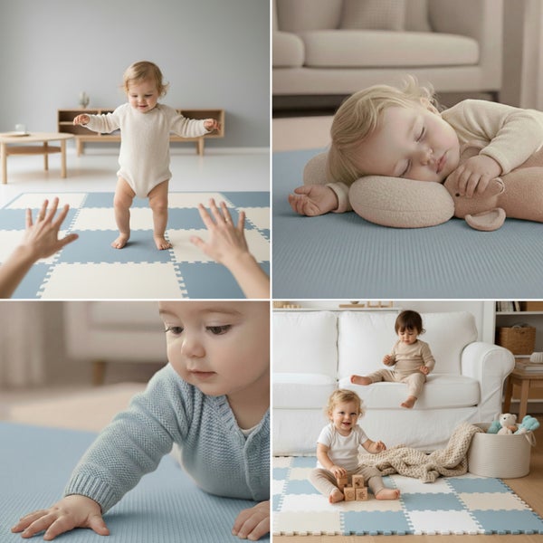 Ein Kleinkind auf einer weichen Spielmatte aus ineinandergreifenden Quadraten in einem hellen, wohnlichen Zimmer.