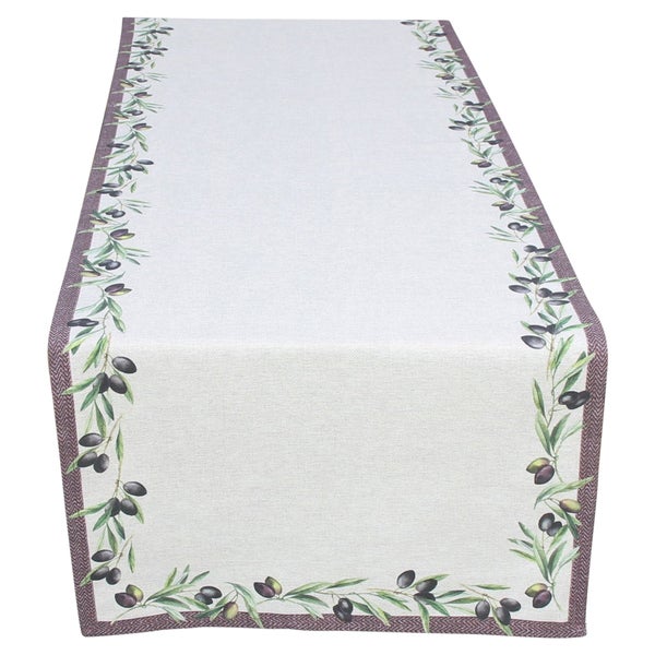 Tischläufer mit Oliven-Motiv und gemustertem Rand aus Textil für die Tischdekoration.