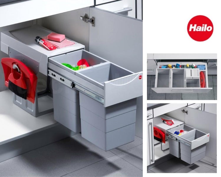 Hailo Logo und ausziehbares Abfalltrennsystem für den Spülenunterschrank mit Mülleimern und Ablagefläche für Reinigungsutensilien.