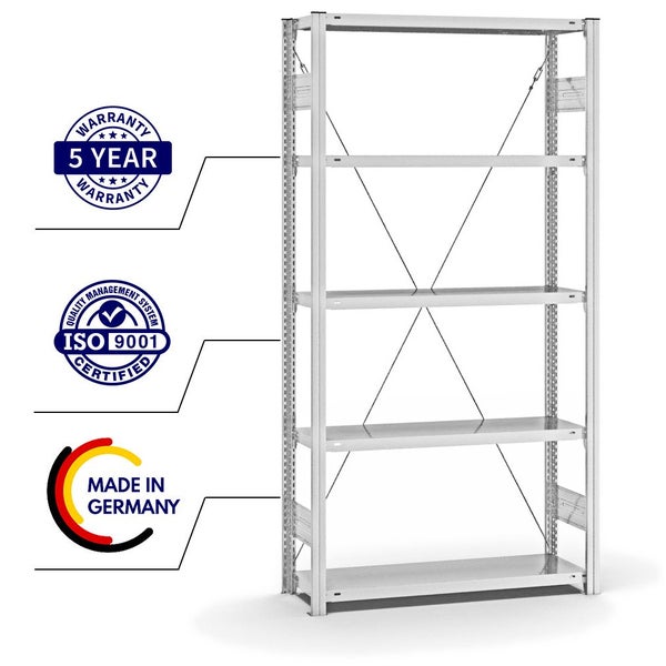 PROREGAL Fachbodenregal Stecksystem T-Profil Medium-Duty Grundregal HxBxT 200 x 100 x 30 cm 5 Ebenen Fachlast 220 kg Einseitig Nutzbar Lichtgrau