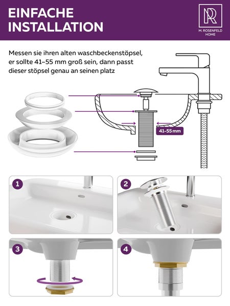 Anleitung zur einfachen Installation eines Waschbeckenstöpsels mit Montageschritten und M. Rosenfeld Home Logo