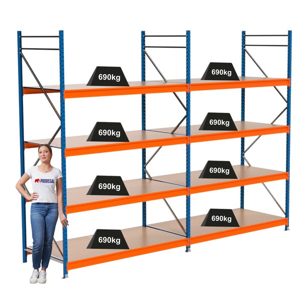 Lagerregal mit mehreren Ebenen und einer Traglast von 690 kg pro Ebene