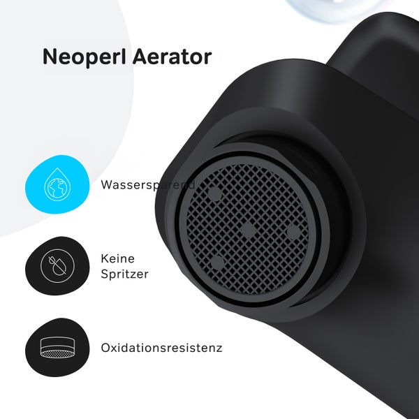 Neoperl Perlator mit Merkmalen wie Wassersparen, Spritzschutz und Oxidationsbeständigkeit.