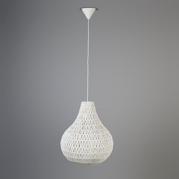 Weiße Pendelleuchte mit tropfenförmigem Geflechtschirm aus Papiergeflecht und konischem Baldachin.