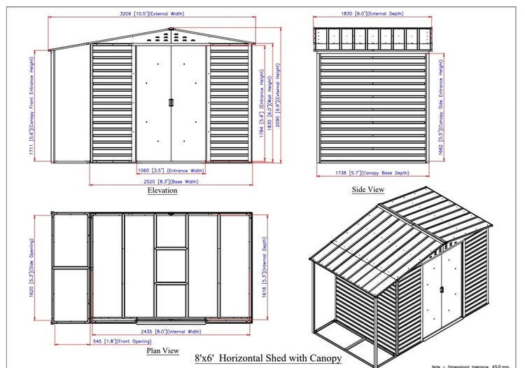 Technische Zeichnung eines Metall-Gartenhauses mit Vordach, inklusive Abmessungen für Höhe, Breite und Tiefe in verschiedenen Ansichten.