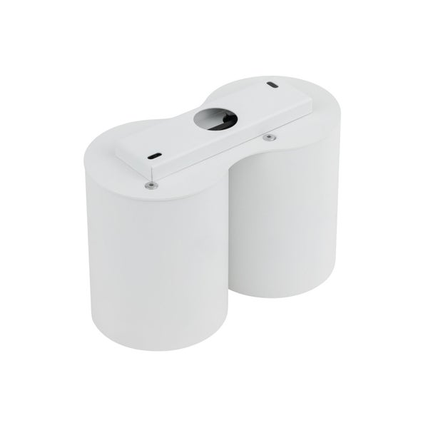 Zweiflammiger weißer Deckenstrahler aus Metall mit zwei zylindrischen Köpfen und gemeinsamer Montagehalterung.