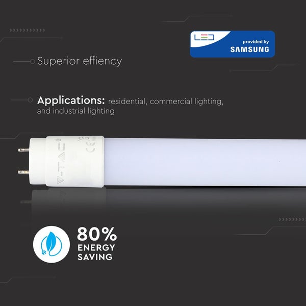 V-TAC LED-Röhre mit Samsung Logo, 80 Prozent Energieersparnis, geeignet für Wohn-, Gewerbe- und Industriebeleuchtung.