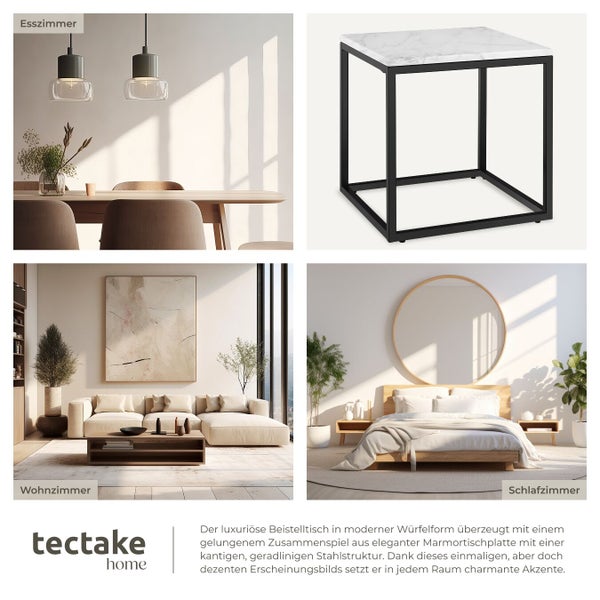 Collage verschiedener Raumszenen: Esszimmer, Wohnzimmer und Schlafzimmer, zeigt einen Beistelltisch mit Marmorplatte von tectake