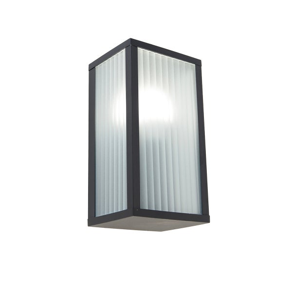Rechteckige Außenwandleuchte aus schwarzem Metall mit geriffeltem Glas.