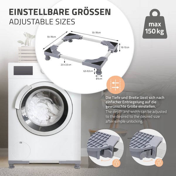 ML-Design Waschmaschinen Untergestell, Waschmaschinensockel mit 4 gepolsterten Füßen, verstellbare Sockel Breite 55-78cm, Höhe 10-13cm, Waschmaschine Sockel rutschfest, Podest für Kühlschrank&Trockner