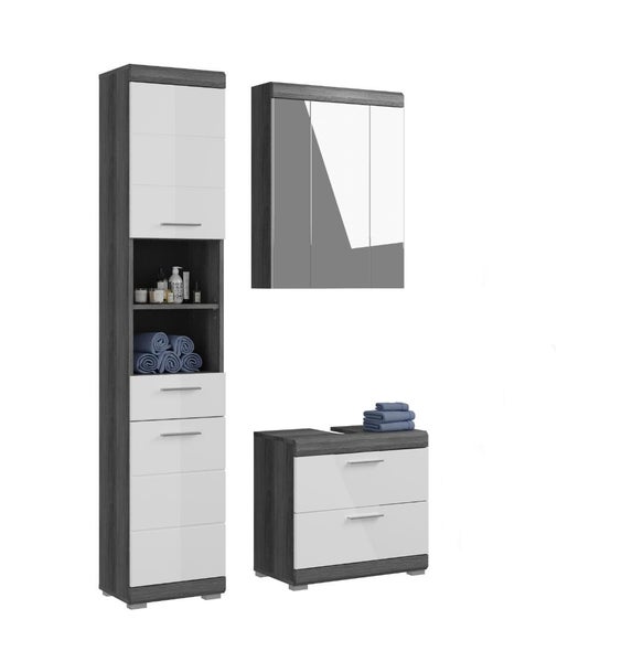 Badezimmermöbel-Set bestehend aus Hochschrank, Spiegelschrank und Unterschrank in Grau und Weiß.