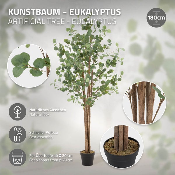 ML-Design Künstliche Eukalyptus 180 cm, Künstliche Pflanzen groß, Kunstpflanze mit Naturholzstamm, Fake Plastikpflanzen im Topf, Deko für Drinnen und Draußen, Kunstbaum wie echt für Wohnzimmer Büro