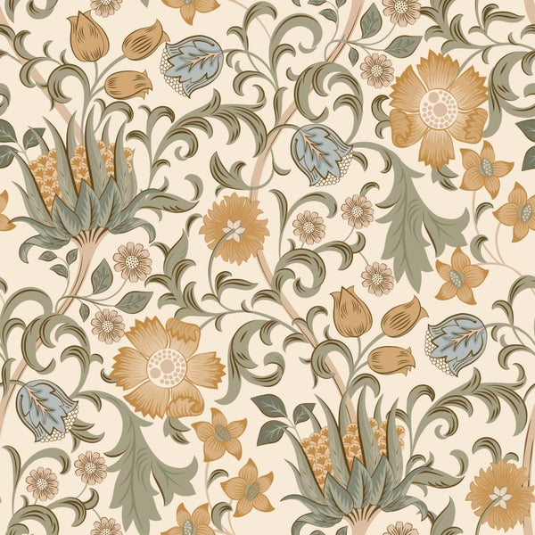 Tapete mit floralem Muster im Arts-and-Crafts-Stil, stilisierten Blüten und Akanthusblättern.