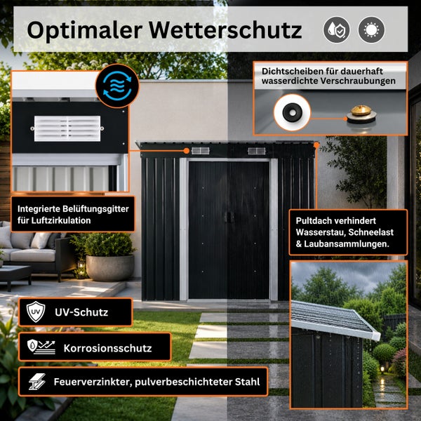 Metall-Gerätehaus mit Pultdach und Belüftung. Aus feuerverzinktem, pulverbeschichtetem Stahl mit Ultraviolett- und Korrosionsschutz.