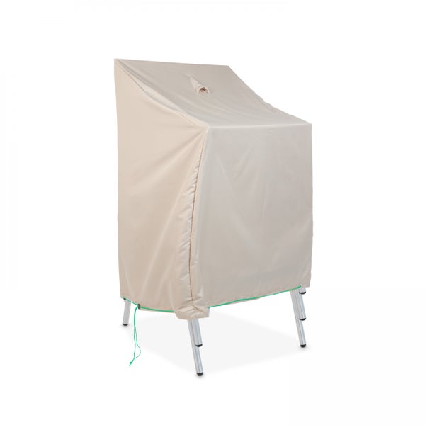 Beige Schutzhülle für Gartenstapelstühle aus wetterfestem Material mit Kordelzug und Belüftungsöffnung.
