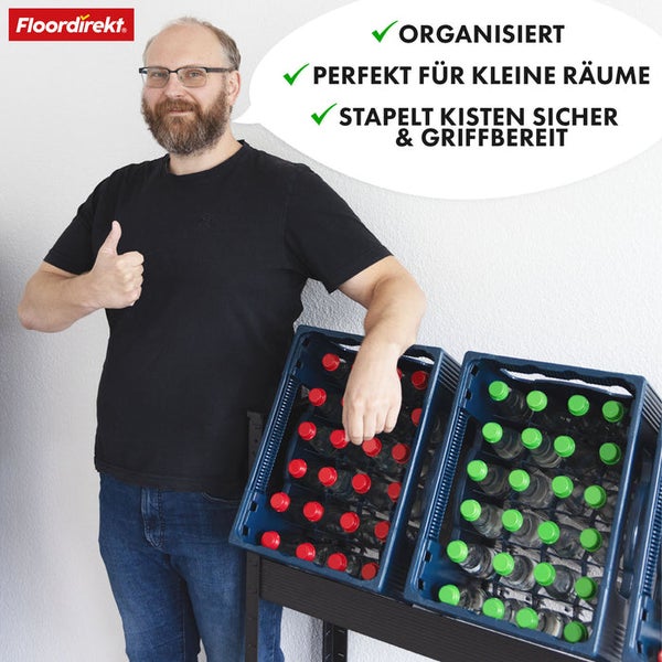 FLOORDIREKT Flaschenkastenständer Osaka - Modernes Getränkekistenregal aus Stahl - Schwarz - für 6 Kästen - 110 x 110 x 30 cm