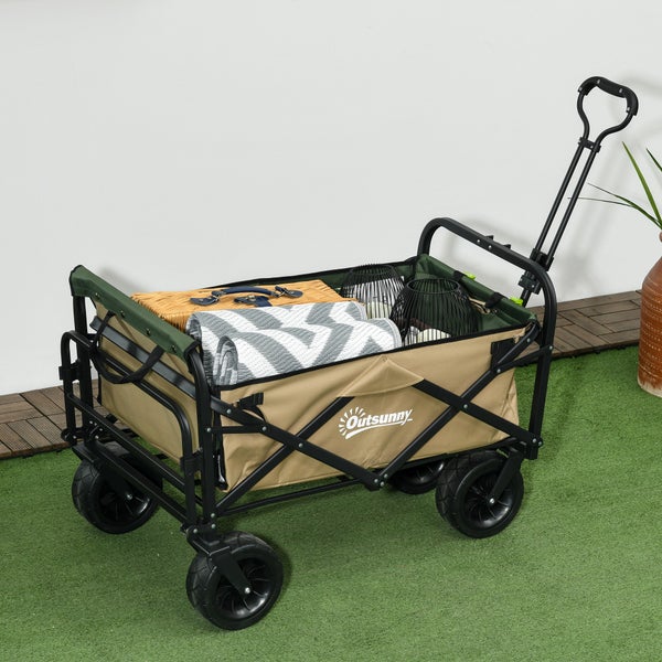 Outsunny Bollerwagen Klappbarer Lastenwagen, Transportwagen mit Griff, Strandwagen, Gartenwagen mit Tragetasche, max. 100 kg Belastbar, Oxford, Khaki