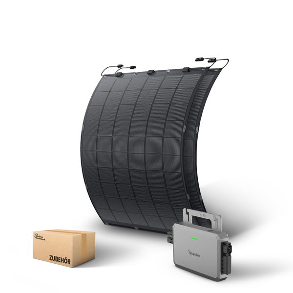 Balkonkraftwerk Set mit zwei flexiblen Solarmodulen, einem Hoymiles Wechselrichter und Zubehör.