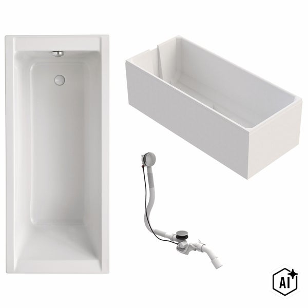 Rechteckige Einbau Badewanne mit Schürze und Ab- und Überlaufgarnitur aus Kunststoff für das Badezimmer.