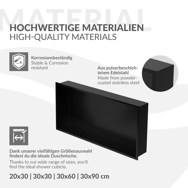 Rechteckige Duschnische aus schwarzem, pulverbeschichtetem Edelstahl, korrosionsbeständig, in verschiedenen Größen erhältlich.