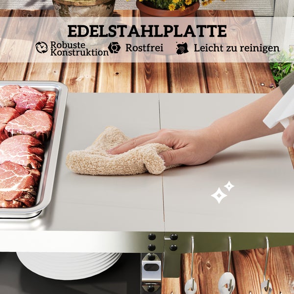 Outsunny Grillwagen 3-Etagen klappbar Servierwagen mit Arbeitsfläche Schrank Haken Räder, BBQ Grilltisch aus Edelstahl, Outdoor Rollwagen, Holzkohlegrill für Garten, Grill, 116x50x93cm Schwarz