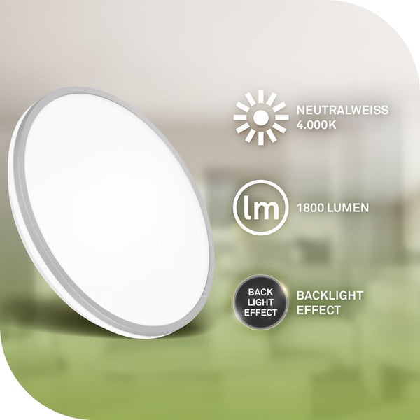 Runde LED-Leuchte mit neutralweissem Licht, 4000 Kelvin und 1800 Lumen sowie Hintergrundbeleuchtung