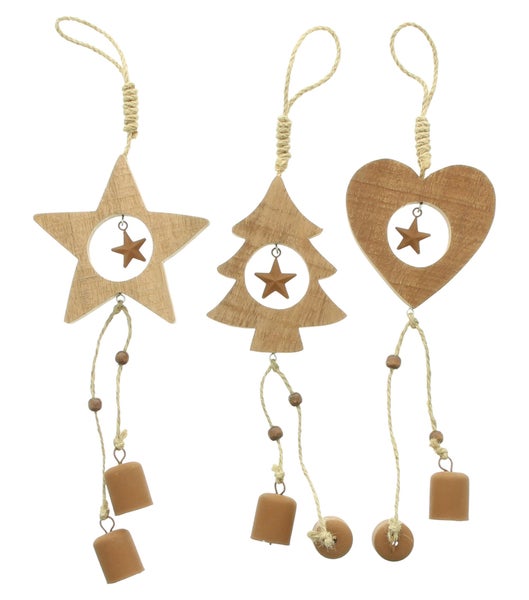 FRANK FLECHTWAREN | Holzhänger Glöckchen, 3er Set, GH: 40 cm, HOLZ, METALL, SISAL,