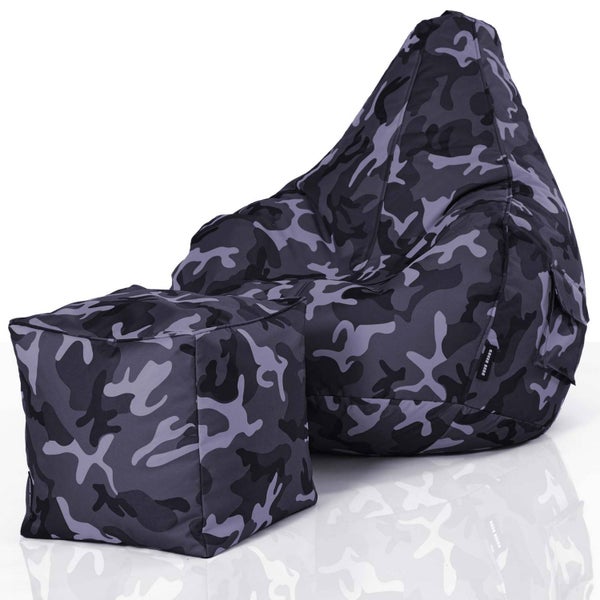 Green Bean© 2er Set Sitzsack + Hocker - fertig befüllt - robust waschbar schmutzabweisend - Kinder & Erwachsene Bean Bag Bodenkissen Sitzhocker Relax-Sessel Gamer Gamingstuhl Pouf - Camouflage Schwarz