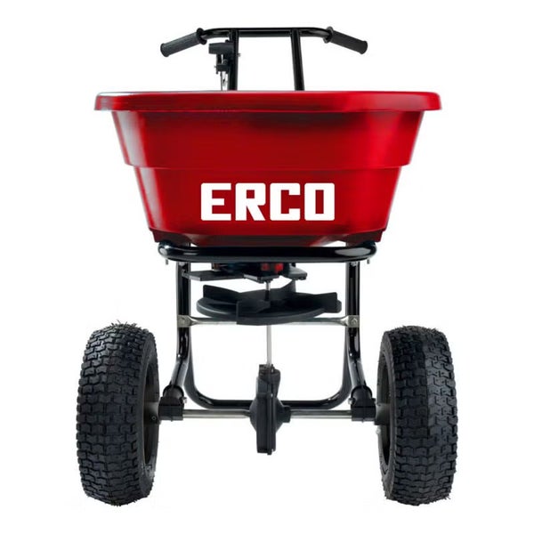 ERCO Schleuderstreuer mit roter Wanne, zwei großen Luftreifen und Handgriff für Dünger, Saatgut und Streusalz.