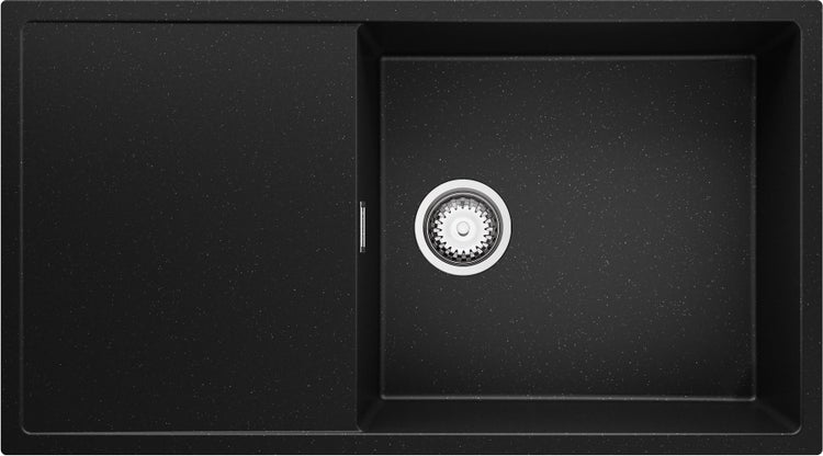 PRIMAGRAN Spülbecken Schwarz Metallic 90x50cm, Granitspüle 1 Becken + Ablauf-Set, Küchenspüle ab 60er Unterschrank - Ibiza