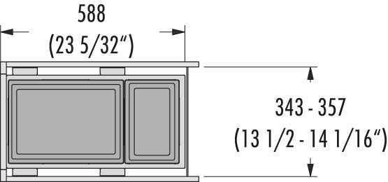 Maßzeichnung für Einbaumülleimer mit zwei Behältern, Breite 588 Millimeter, Tiefe 343 bis 357 Millimeter.