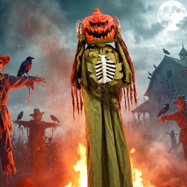 Halloween Dekofigur Kürbis Geist mit Skelett Motiv vor einer Kulisse mit Vogelscheuchen im Feuer.
