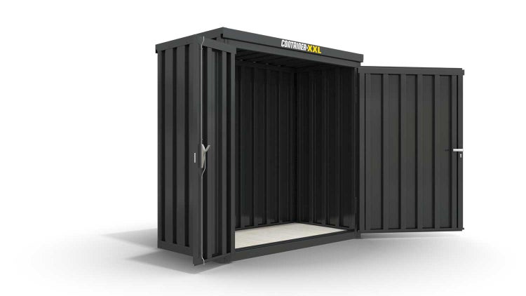 Lagercontainer Gerätehaus XS  – 2 qm, H2150 x B2100 x T1140 mm, Außenwandlackierung anthrazit, Dach außen verzinkt, mit Holzfußboden, 1830 mm Doppelflügeltür mittig in Breitseite, montiert