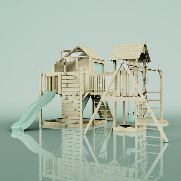 Holzspielplatz mit Rutsche, Schaukel und Kletterwand für Kinder