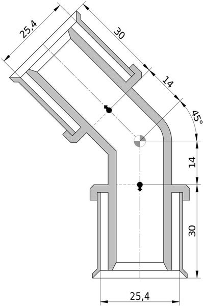Technische Zeichnung eines Rohrbogens im 45 Grad Winkel mit Maßangaben in Millimetern.