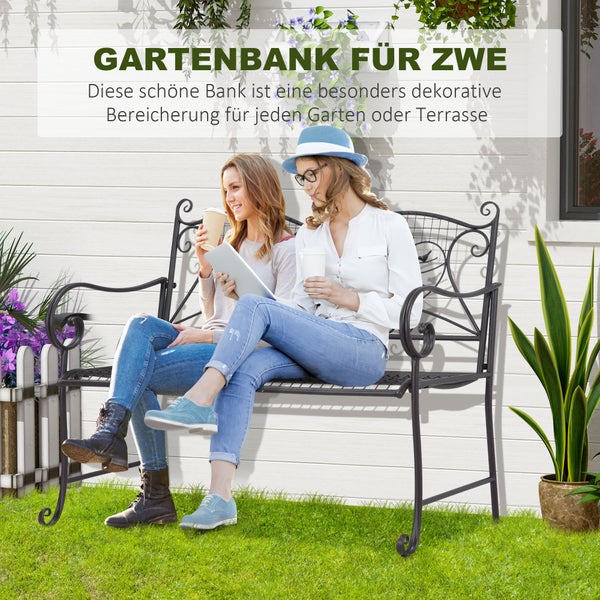 Outsunny Gartenbank mit Tisch, 2-Sitzer Sitzbank mit Rückenlehne, 114 x 53,5 x 91 cm, wetterfest Antik Metall, Kaffee