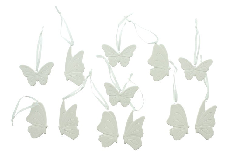 FRANK FLECHTWAREN | Hänger Schmetterling, 12er Set, PORZELLAN, ORGANZA, 8 x 0,5 x 5cm, 5 x 0,5 x 8cm, 5,5 x 0,5 x 9cm