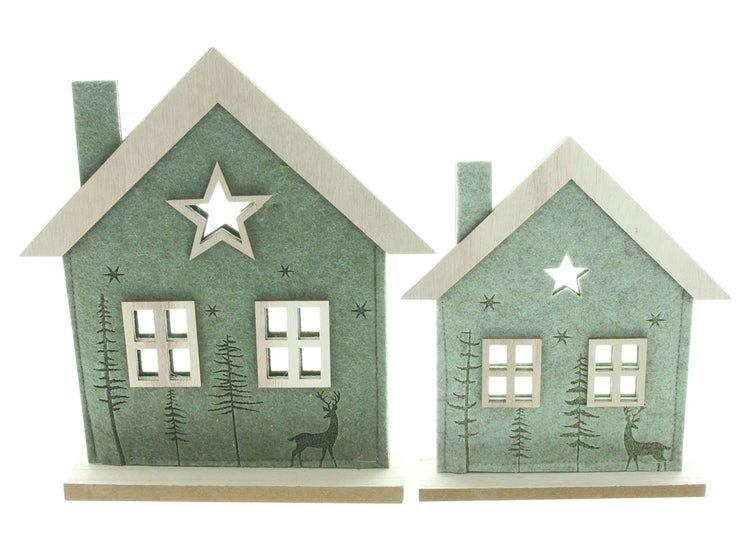 Zwei dekorative Häuser aus Holz mit Sternen-, Tannenbaum- und Hirschmotiven