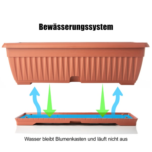 BigDean 3x Blumenkasten mit abnehmbarem Untersetzer - Terracotta 50 cm lang aus bruchsicherem Kunststoff - Balkonkasten Pflanzkasten mit Wasserspeicher für Innen- & Außenbereich geeignet - Made in Europe