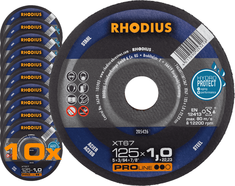 RHODIUS Trennscheibe XT67, 10 Stück, 125 x 1,0 x 22,23 mm für Stahl, Metall, PROline
